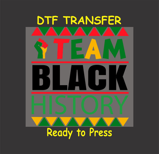 "Team Black History DTF transfer with Pan-African colors, bold text, and raised fist graphic for cultural apparel."