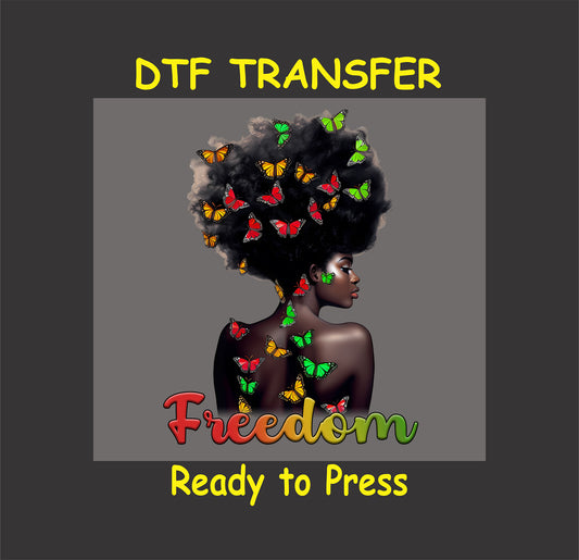 "Freedom" DTF transfer featuring an afro silhouette adorned with vibrant butterflies and bold text.