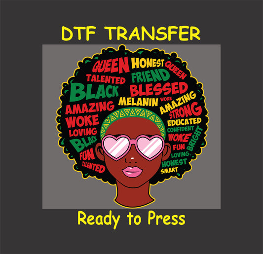 "Afro Word Cloud" DTF transfer featuring an afro silhouette filled with empowering words and bold sunglasses for cultural pride.