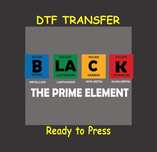 "Black: The Prime Element" DTF transfer inspired by the periodic table, featuring vibrant Afrocentric colors, ready for custom apparel.