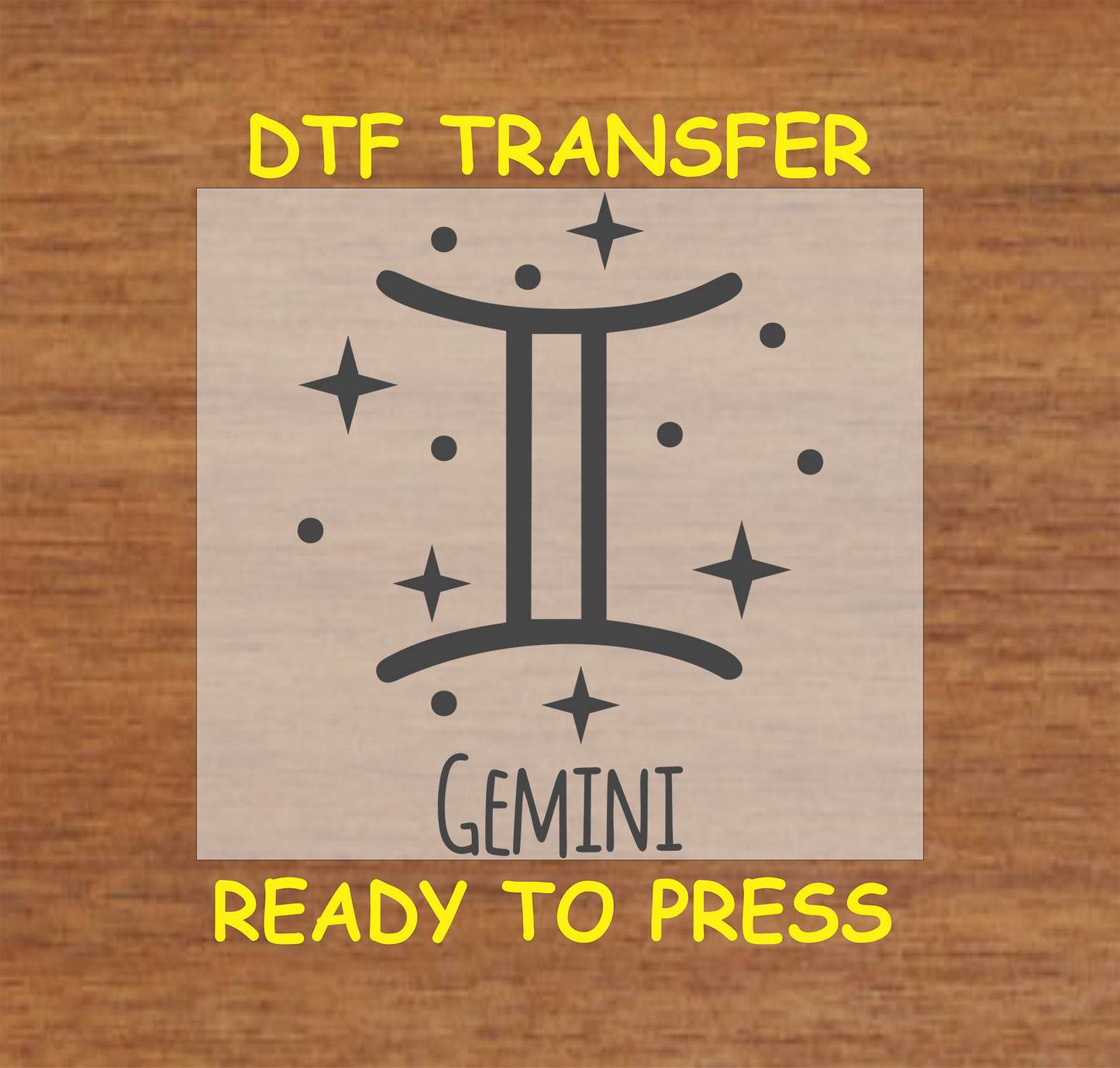 Gemini zodiac DTF transfer featuring the twins symbol and celestial star accents in black.