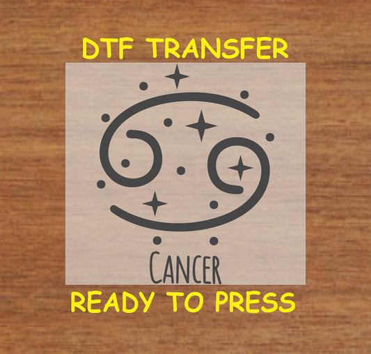 Cancer zodiac DTF transfer showcasing the crab symbol with celestial star accents in black.