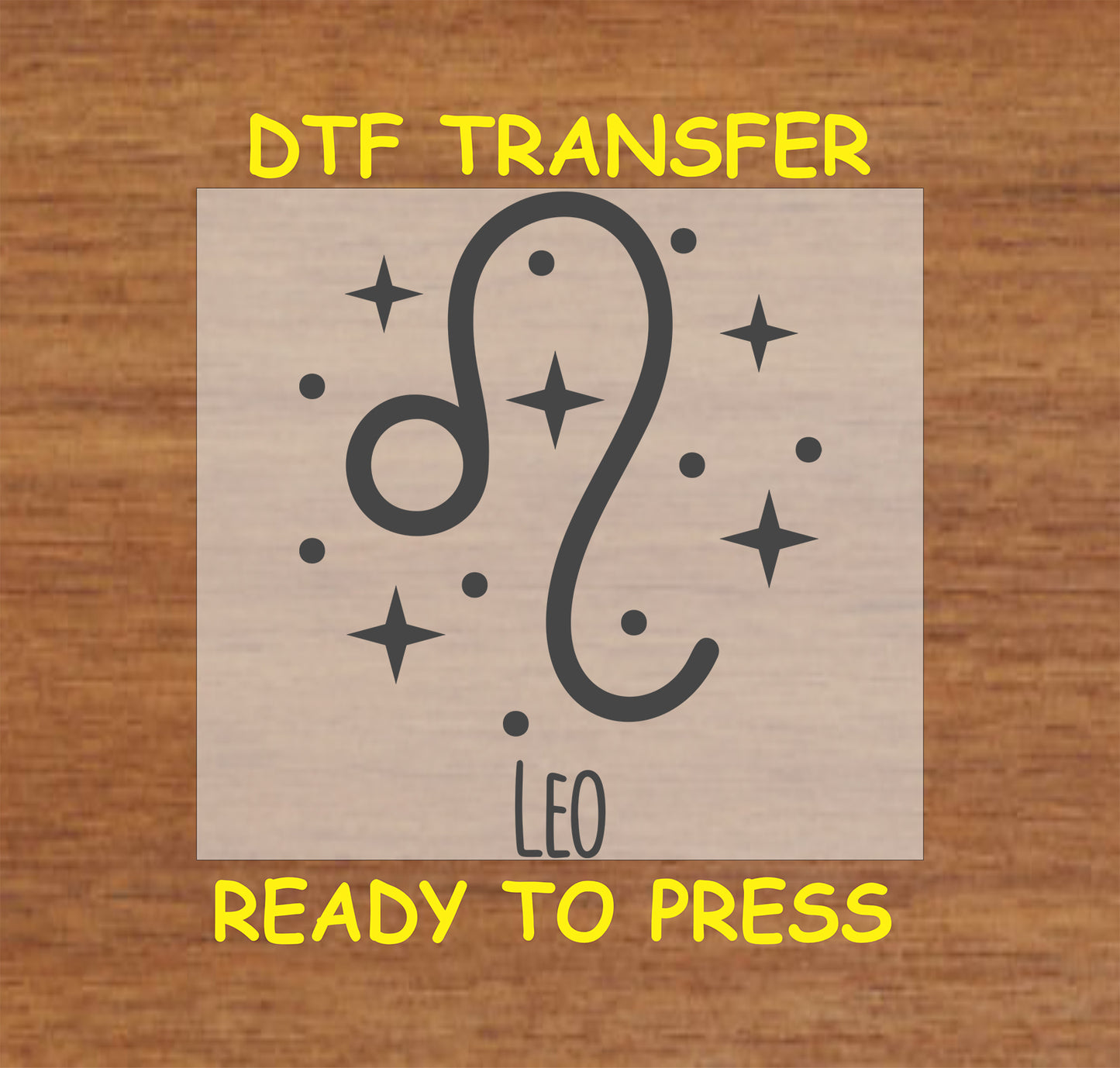 Leo zodiac DTF transfer featuring the iconic Leo symbol surrounded by celestial stars in black.