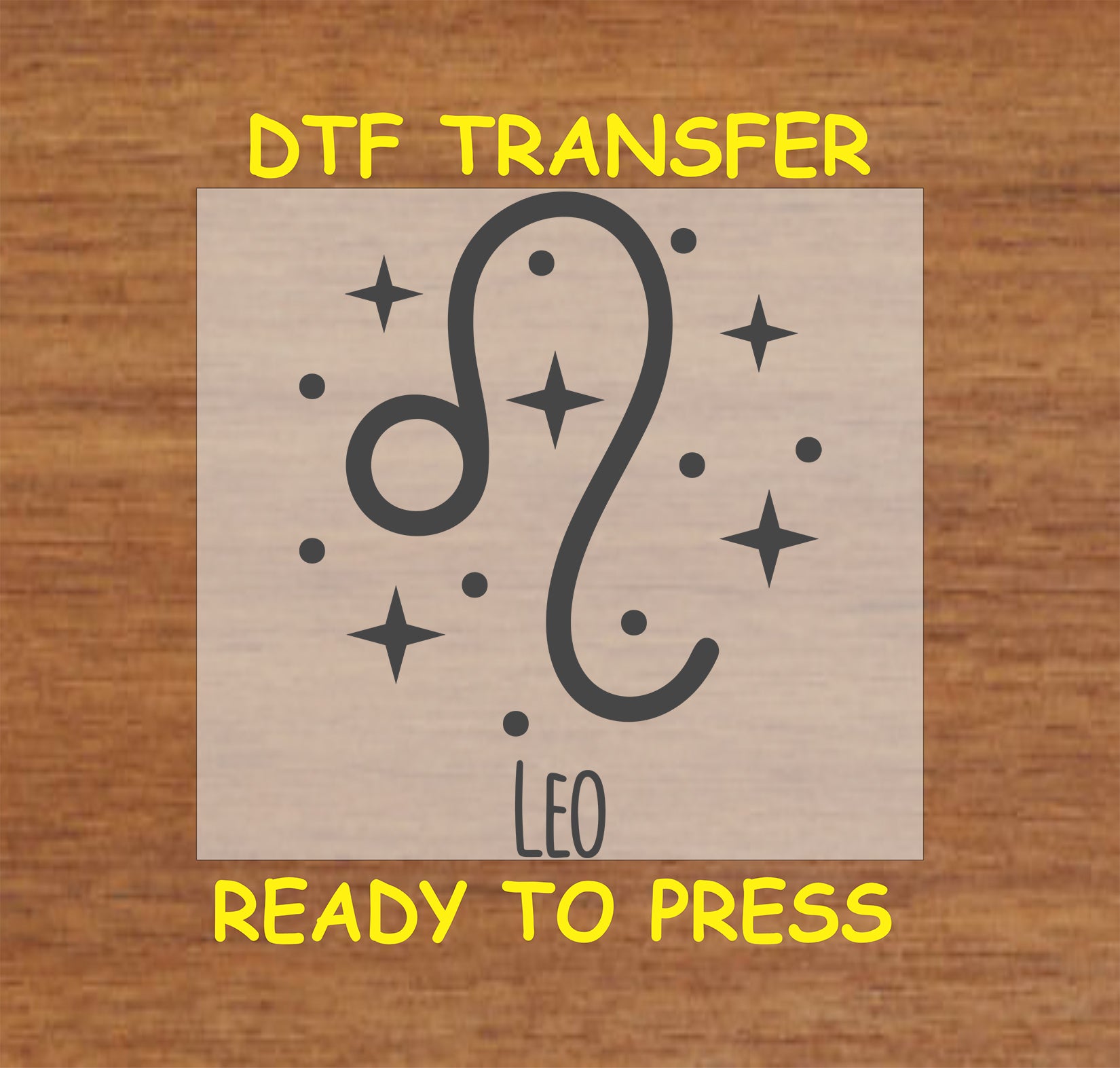 Leo zodiac DTF transfer featuring the iconic Leo symbol surrounded by celestial stars in black.