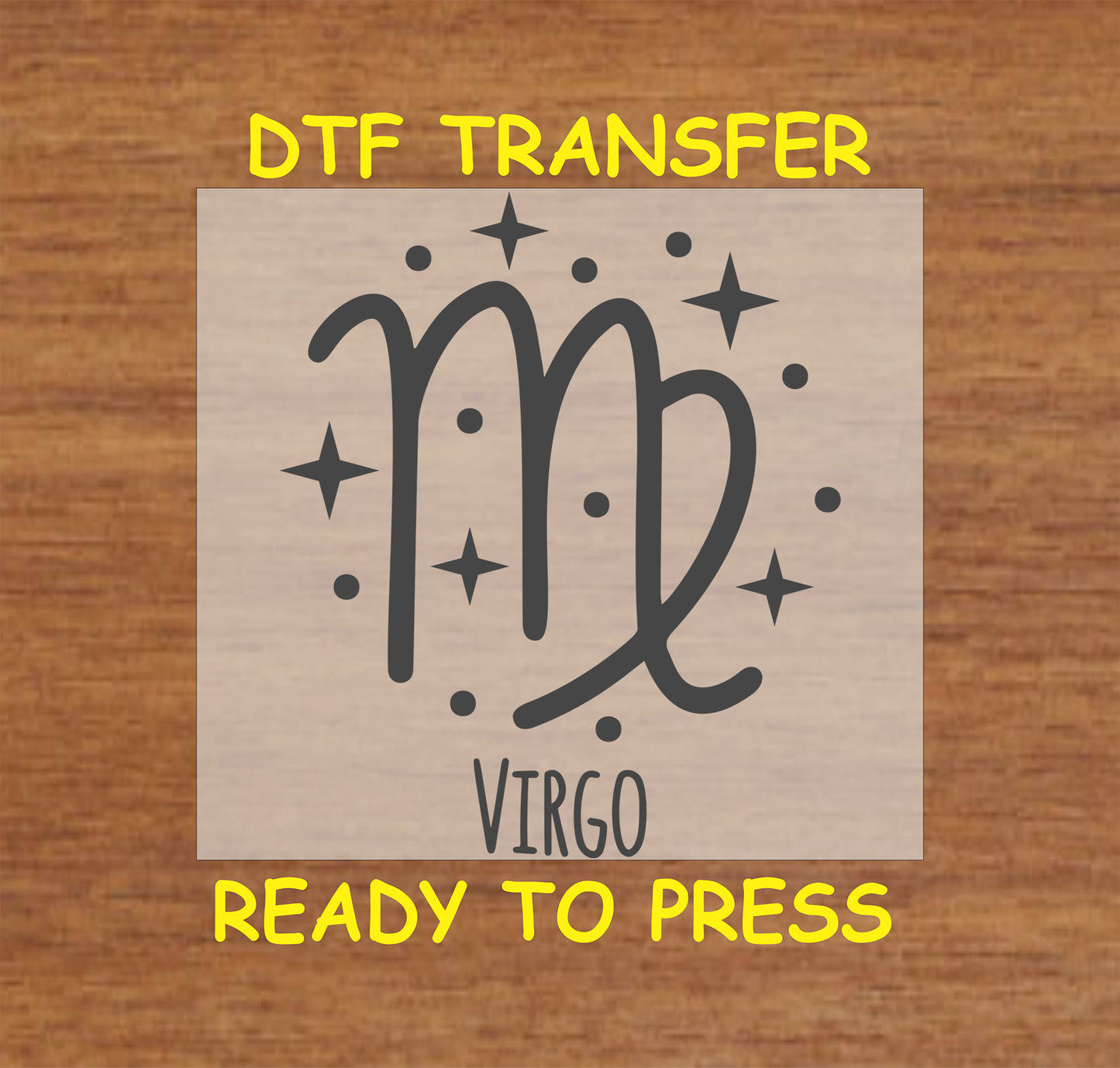 Virgo zodiac DTF transfer featuring the classic Virgo symbol surrounded by celestial stars in black.