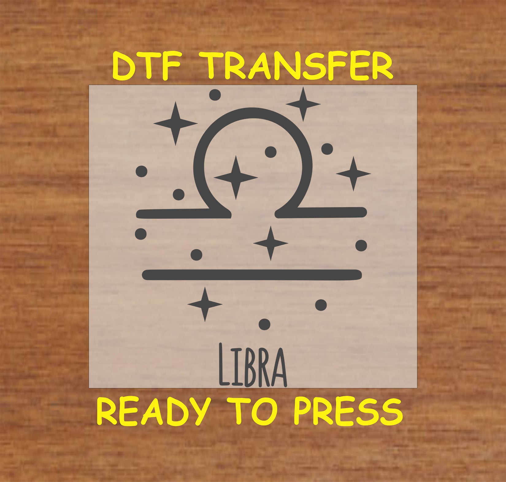 Libra zodiac DTF transfer featuring the Libra symbol with celestial star accents in black.