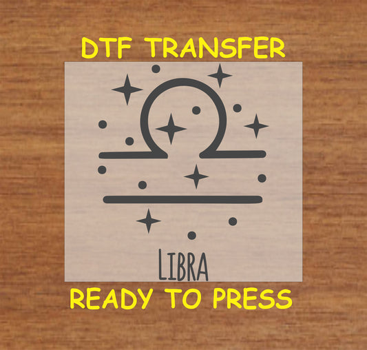 Libra zodiac DTF transfer featuring the Libra symbol with celestial star accents in black.