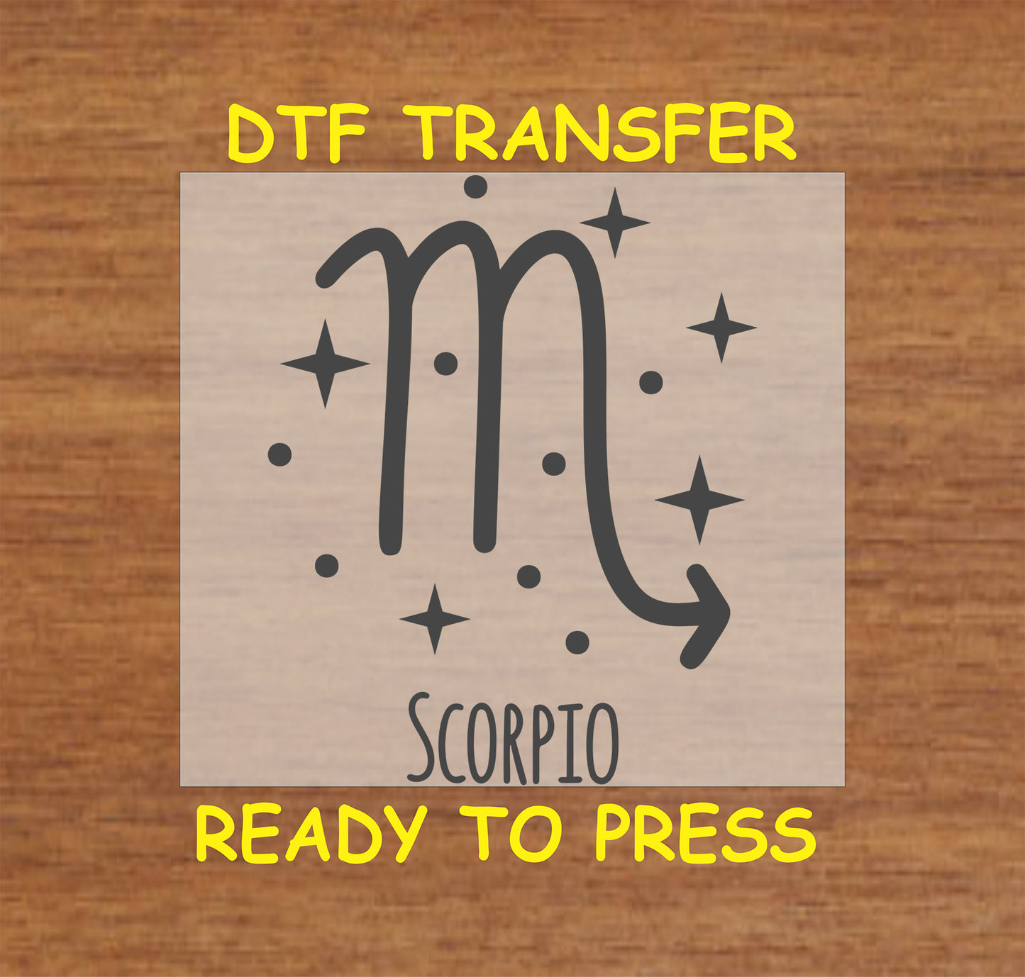 Scorpio zodiac DTF transfer with the Scorpio symbol and celestial stars in black design.