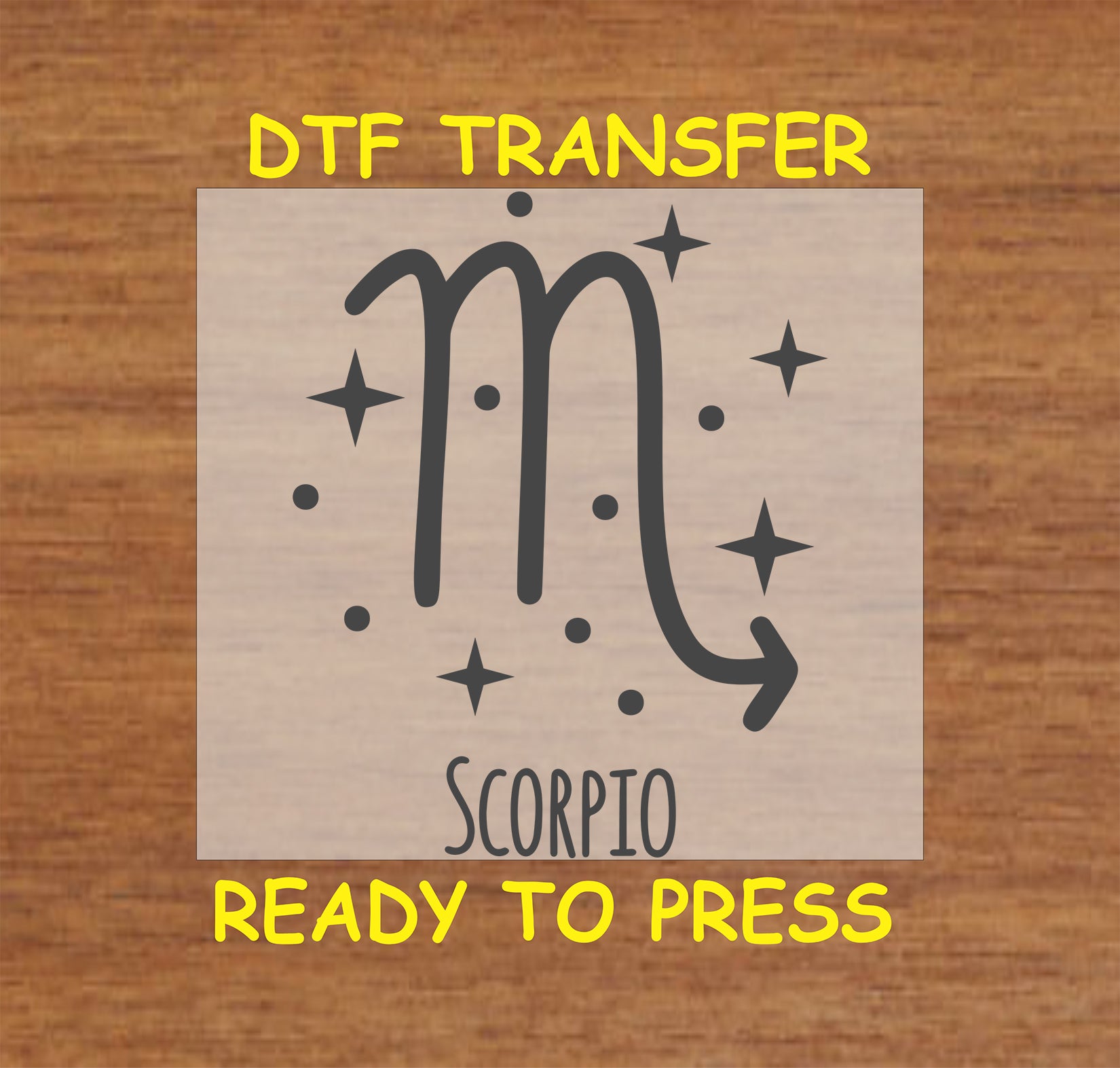 Scorpio zodiac DTF transfer with the Scorpio symbol and celestial stars in black design.
