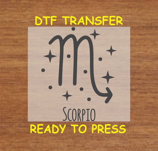 Scorpio zodiac DTF transfer with the Scorpio symbol and celestial stars in black design.