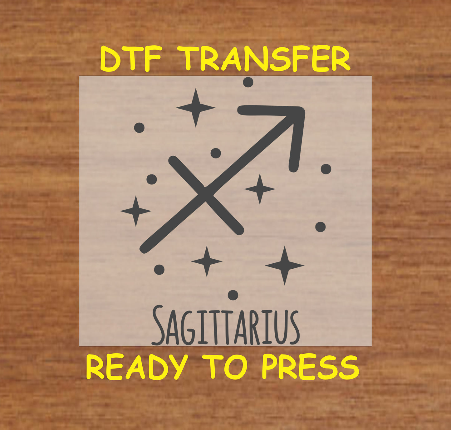 Sagittarius zodiac DTF transfer featuring the arrow symbol and celestial stars in black design.