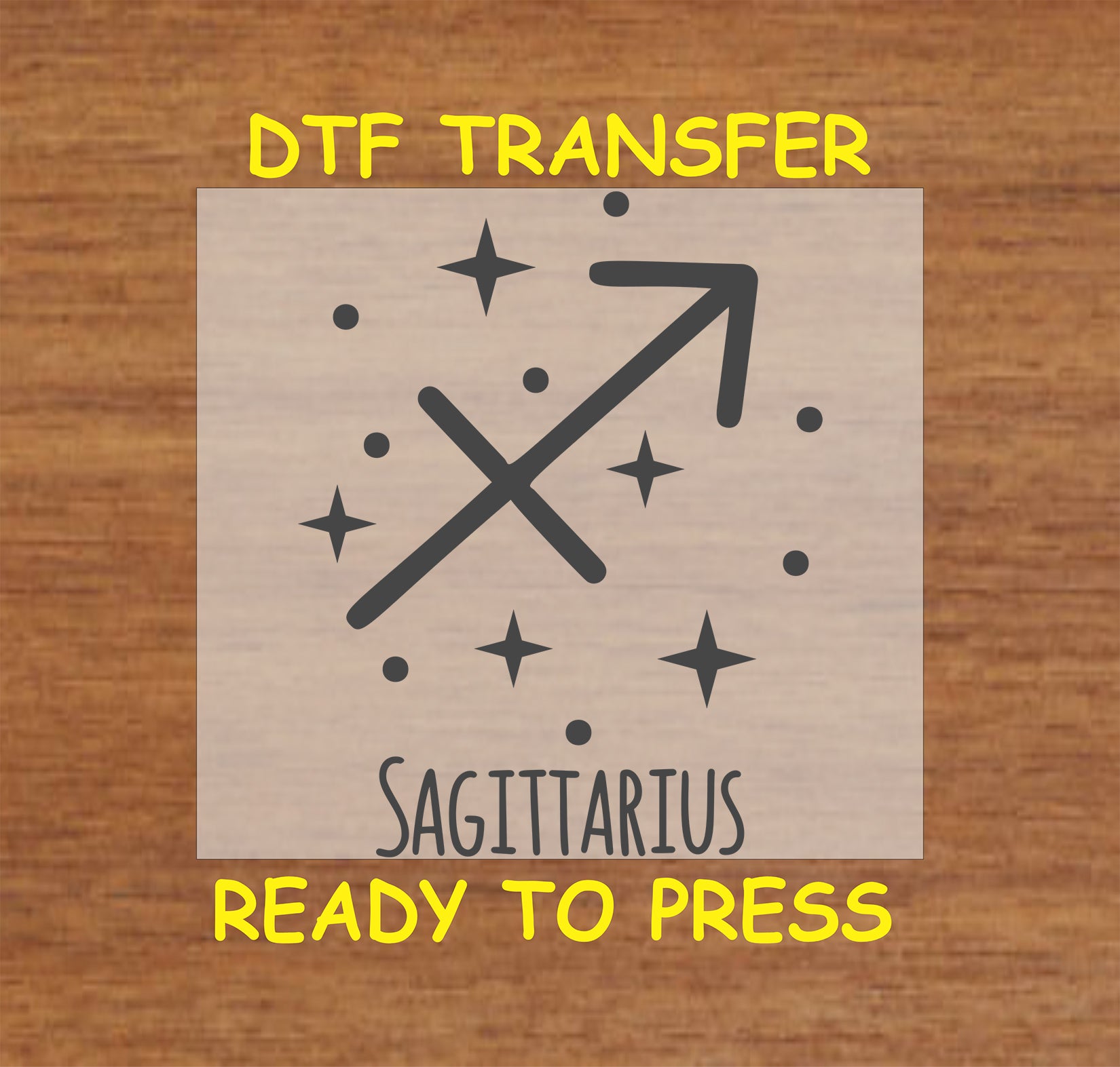 Sagittarius zodiac DTF transfer featuring the arrow symbol and celestial stars in black design.
