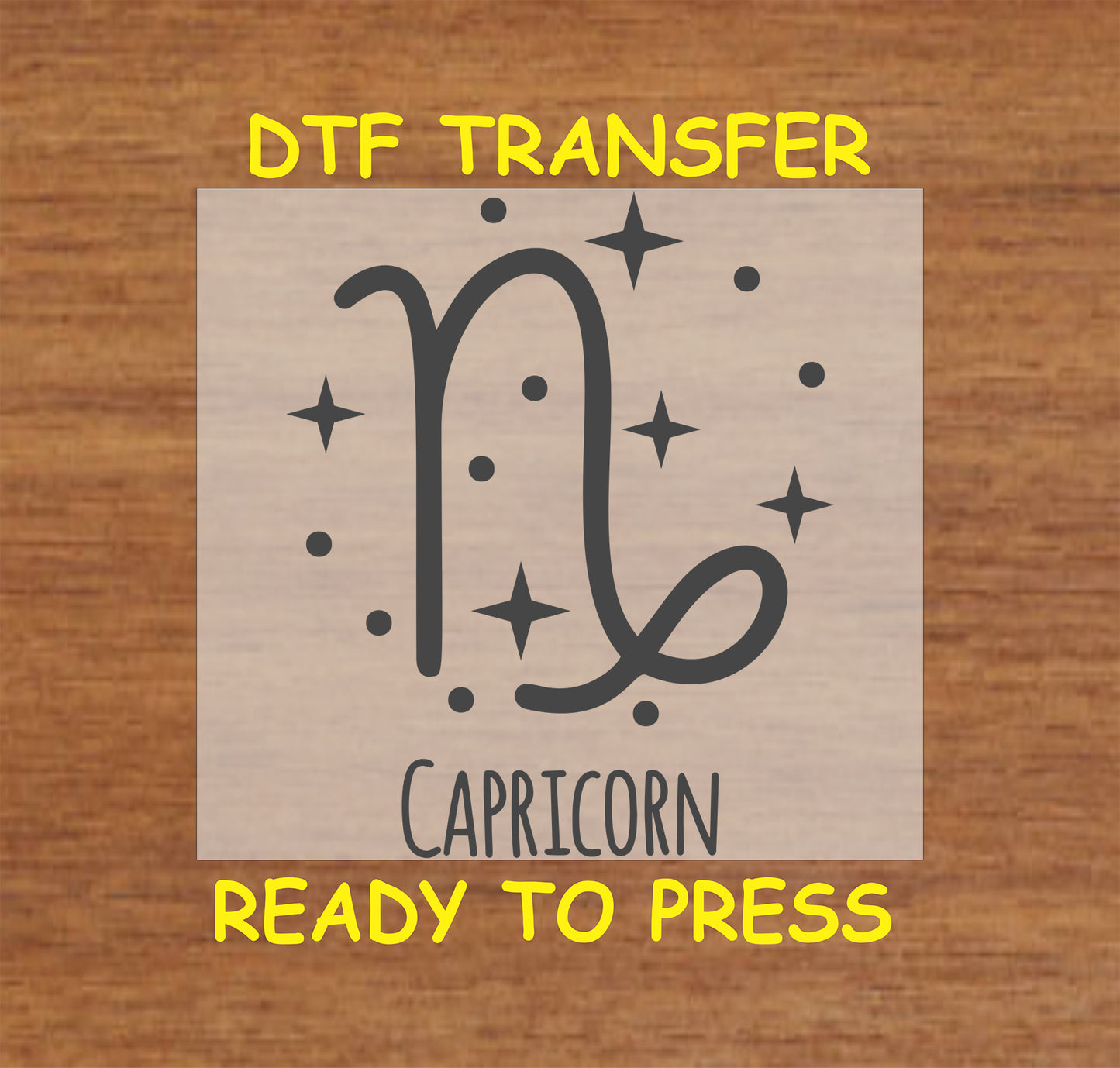 Capricorn zodiac DTF transfer featuring the classic symbol and celestial stars in minimalist black design.