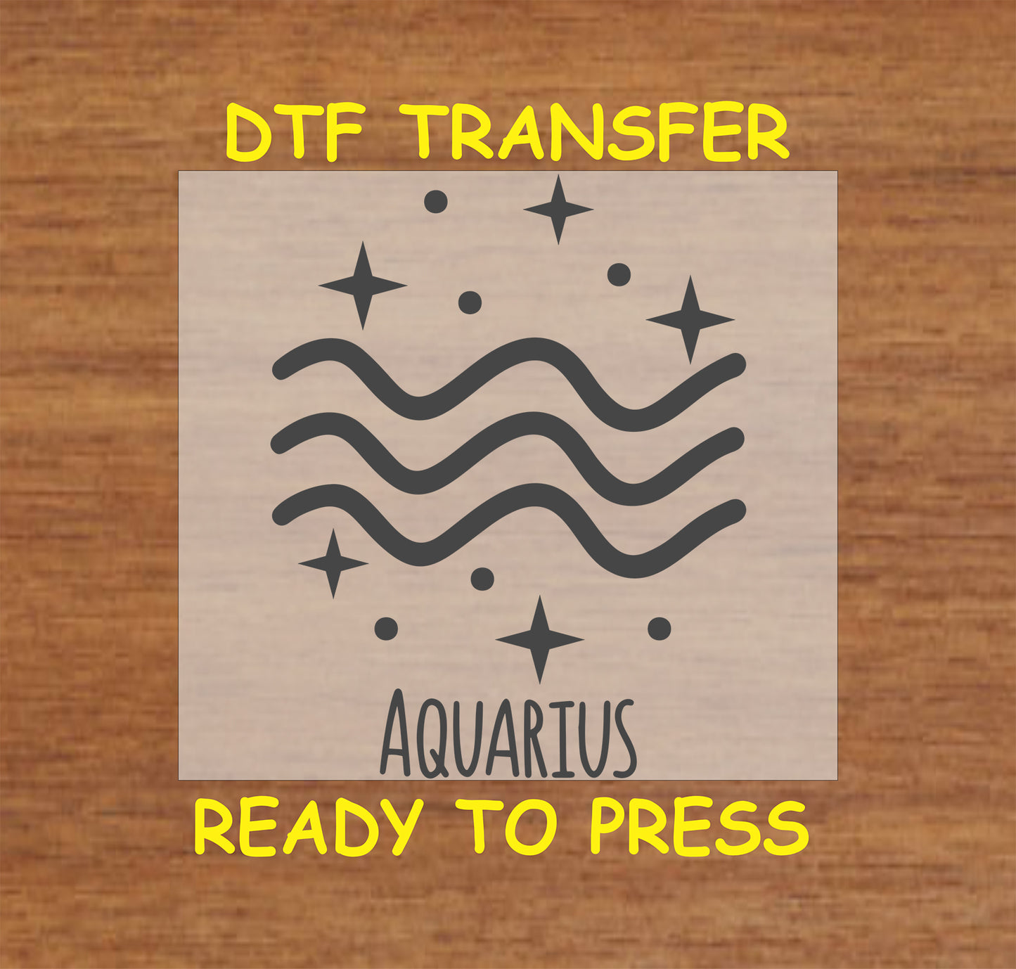Aquarius zodiac DTF transfer featuring the wavy water bearer symbol with celestial star accents.