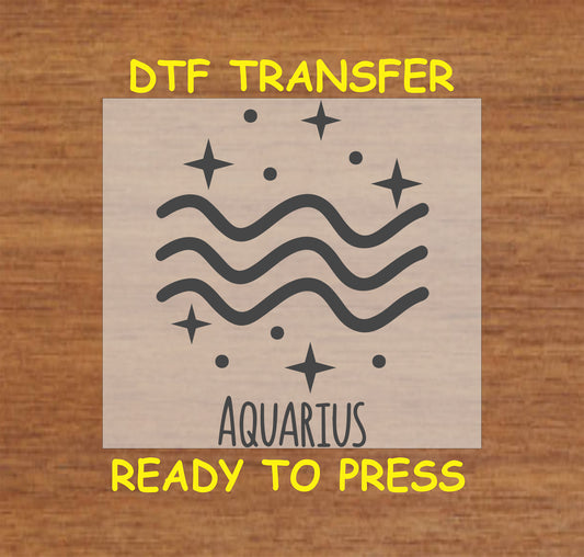 Aquarius zodiac DTF transfer featuring the wavy water bearer symbol with celestial star accents.
