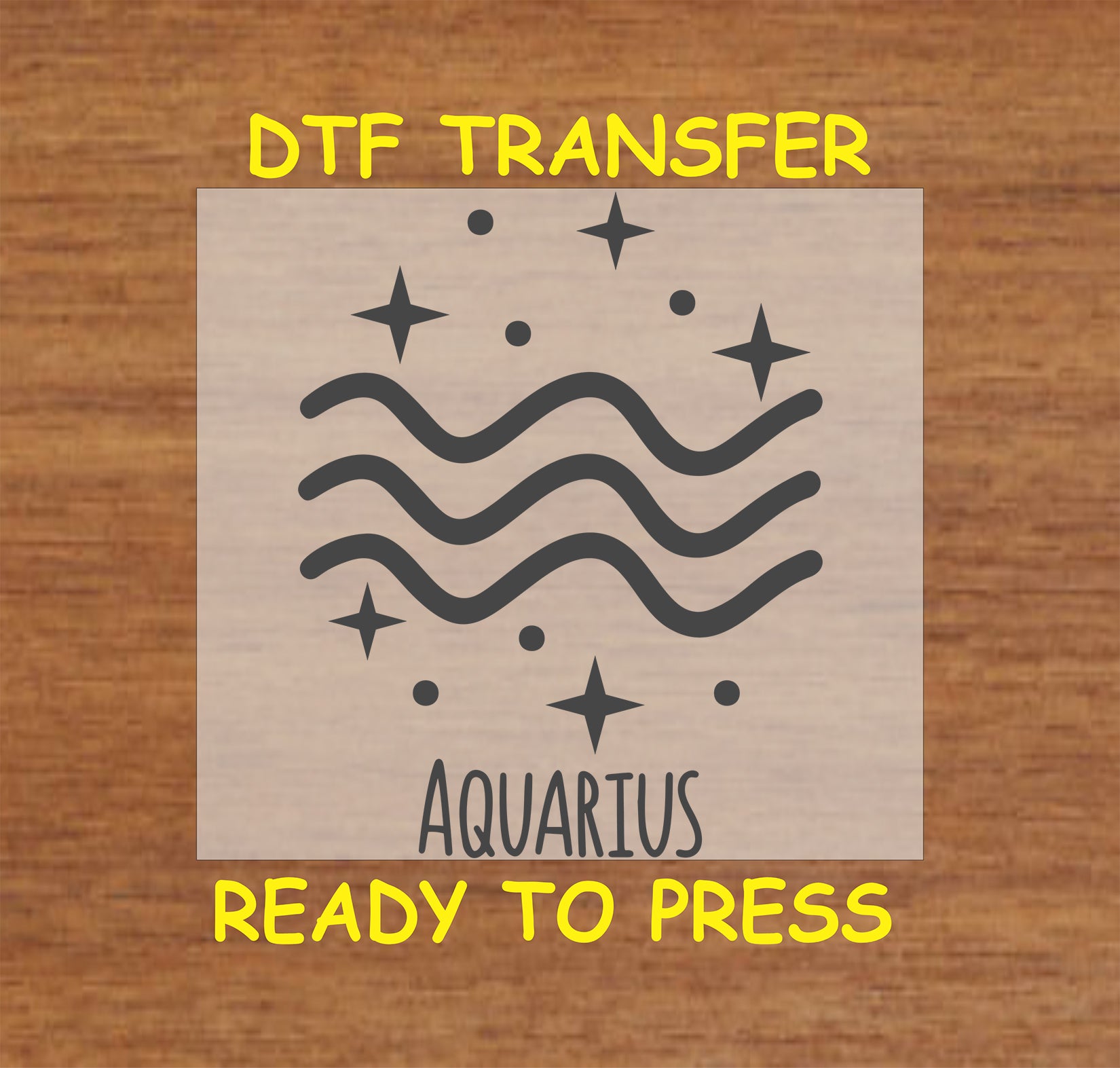 Aquarius zodiac DTF transfer featuring the wavy water bearer symbol with celestial star accents.