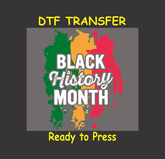 "Black History Month" vibrant red, yellow, and green brush stroke DTF transfer design.