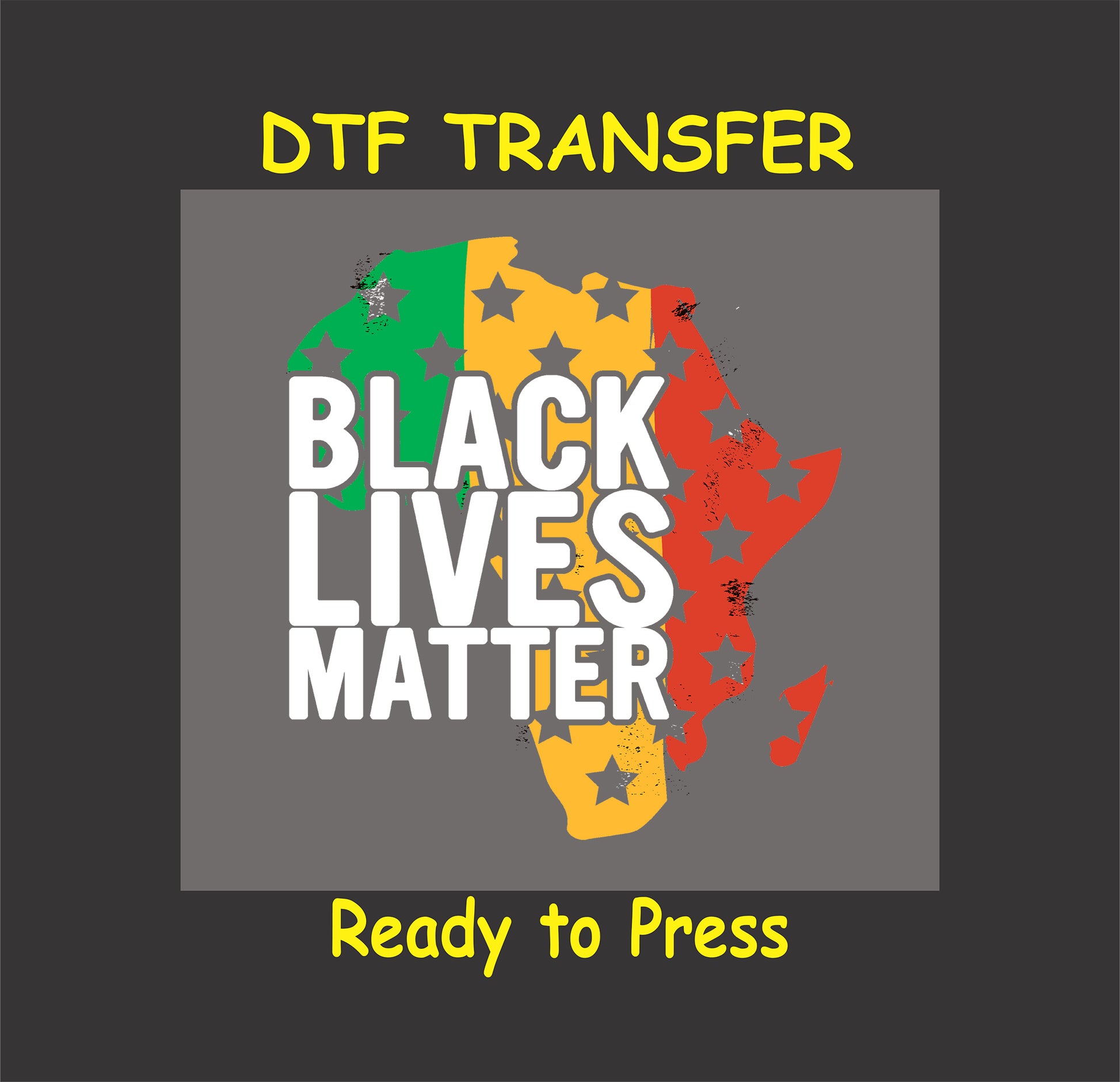 African map-themed "Black Lives Matter" DTF transfer with red, yellow, and green colors and star pattern, ready to press.