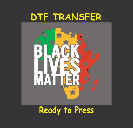 African map-themed "Black Lives Matter" DTF transfer with red, yellow, and green colors and star pattern, ready to press.