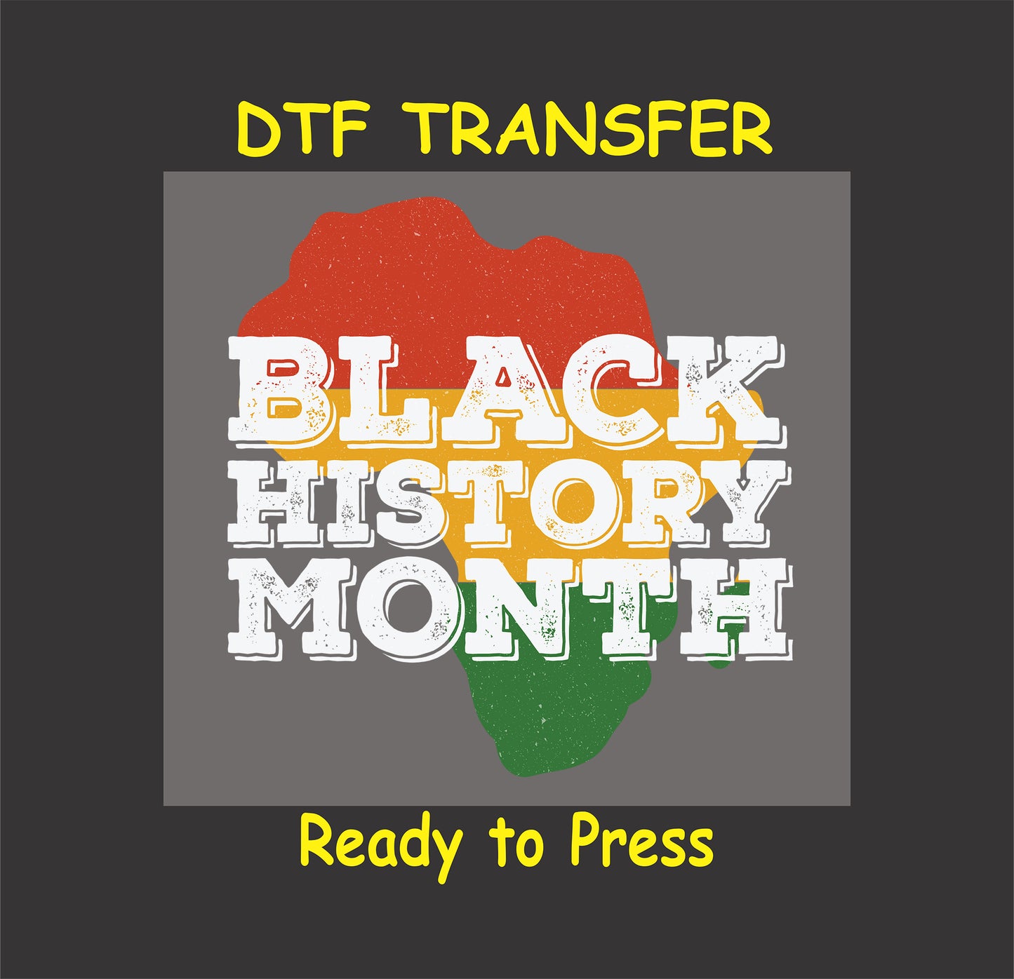 "Black History Month DTF transfer with African map design in red, yellow, and green gradients, ready to press."