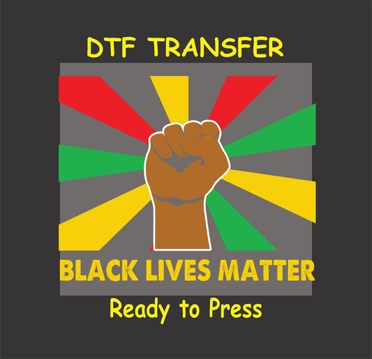 Black Lives Matter DTF Transfer with a raised fist and colorful red, yellow, and green rays.