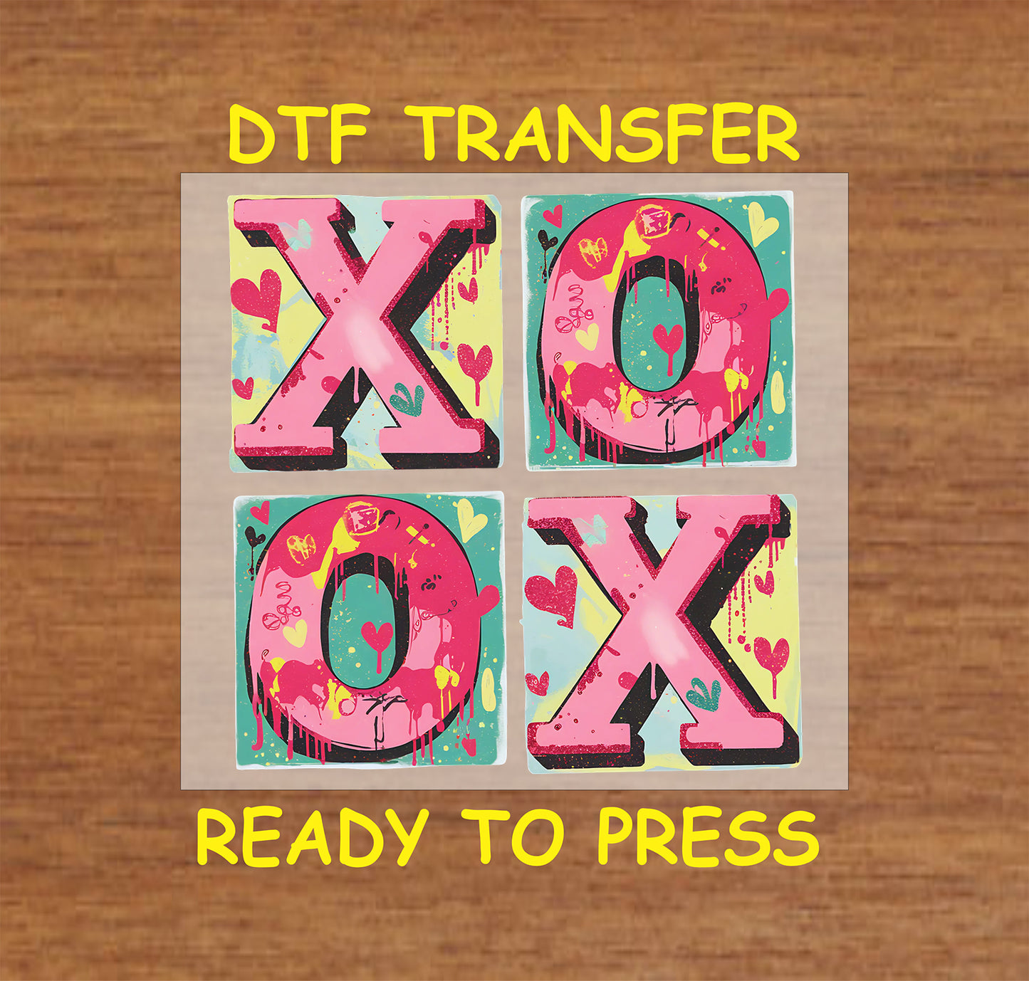 "Graffiti XOXO DTF Transfer featuring bold pink letters, hearts, and graffiti-style splashes for Valentine's Day."