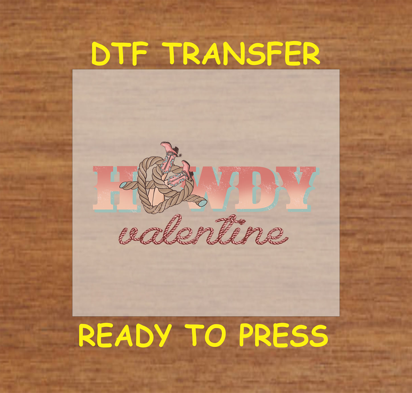 Howdy Valentine design with rope heart and cowboy boots in a western style.