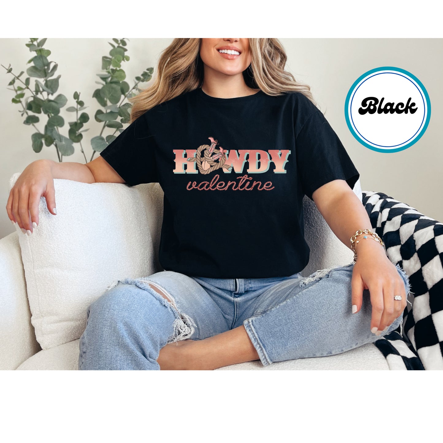 Howdy Valentine design with rope heart and cowboy boots in a western style.