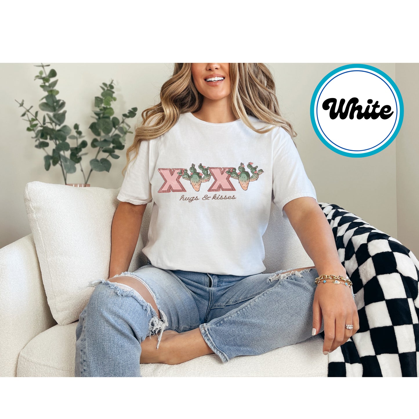 XOXO design with pink stitched letters, green cacti, and small hearts.