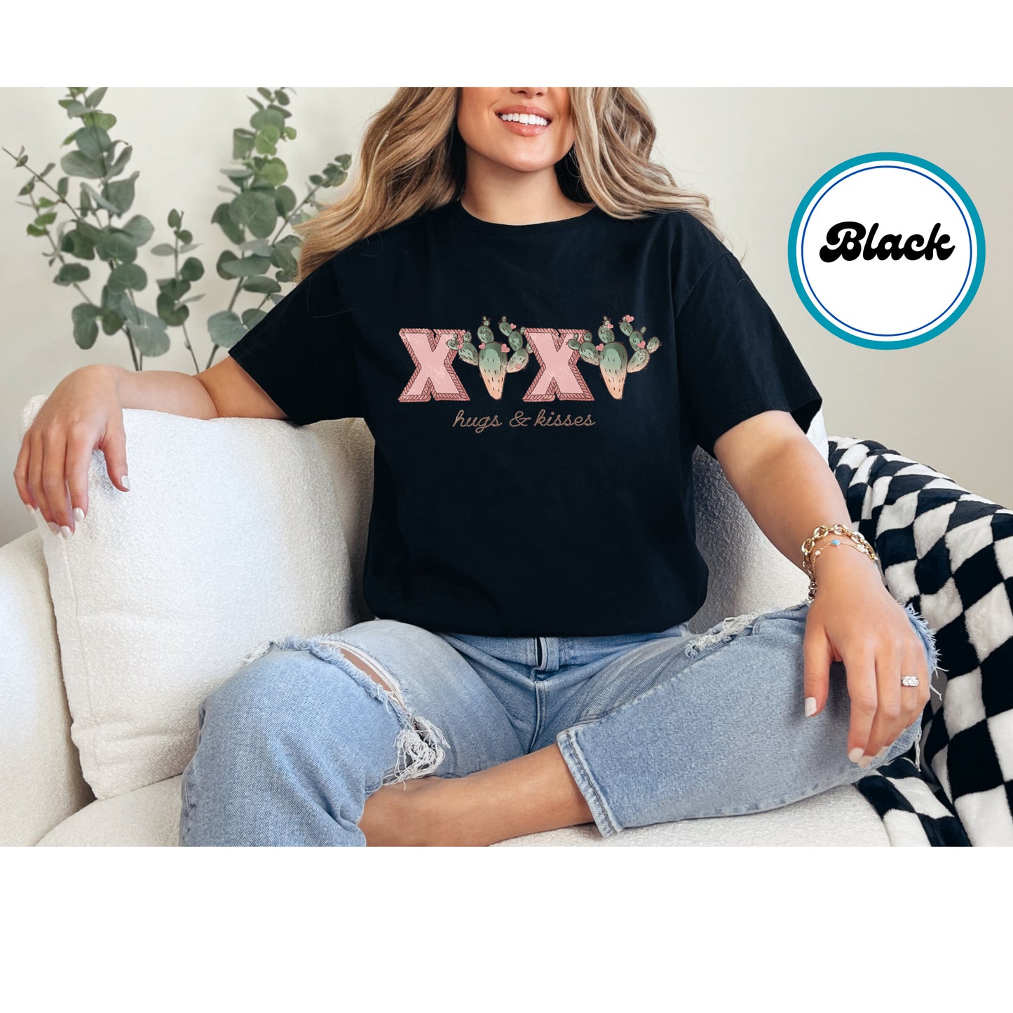 XOXO design with pink stitched letters, green cacti, and small hearts.