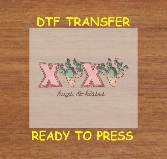 XOXO design with pink stitched letters, green cacti, and small hearts.