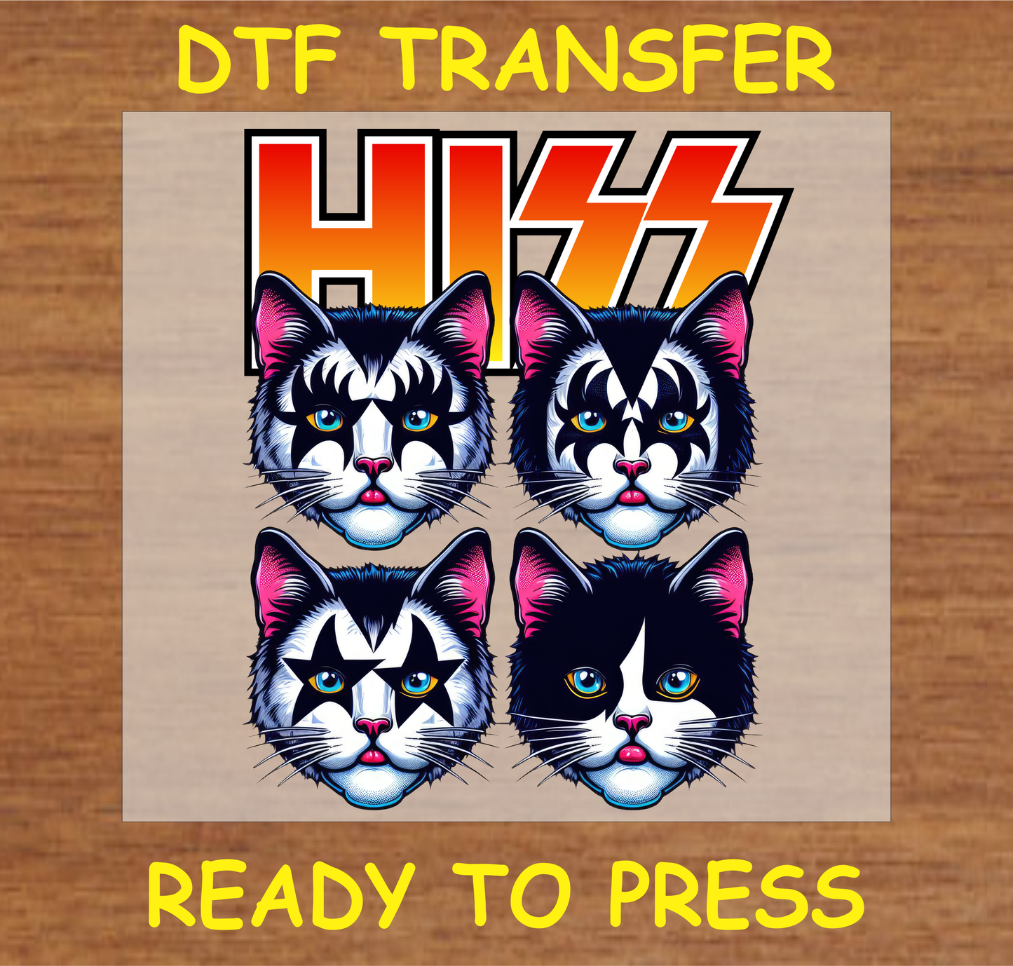 Cats with rockstar face paint and 'HISS' text DTF transfer ready to press