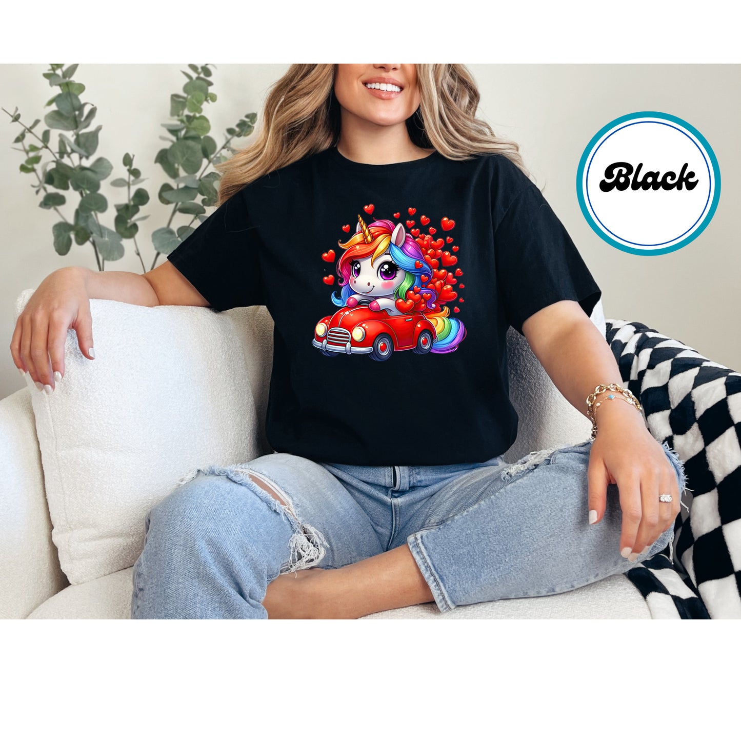 Cute rainbow unicorn in a red car with hearts DTF transfer.