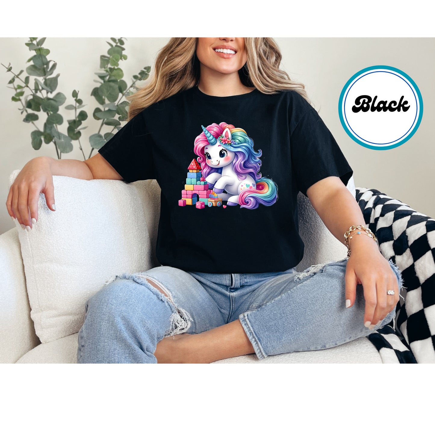 Cute rainbow unicorn playing with colorful blocks DTF transfer.