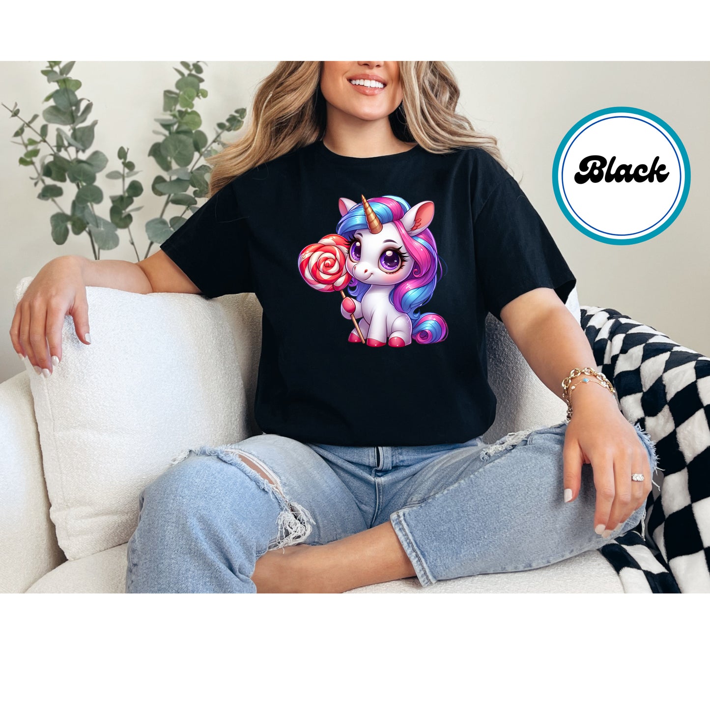 Cute unicorn holding a red and white swirled lollipop DTF transfer.