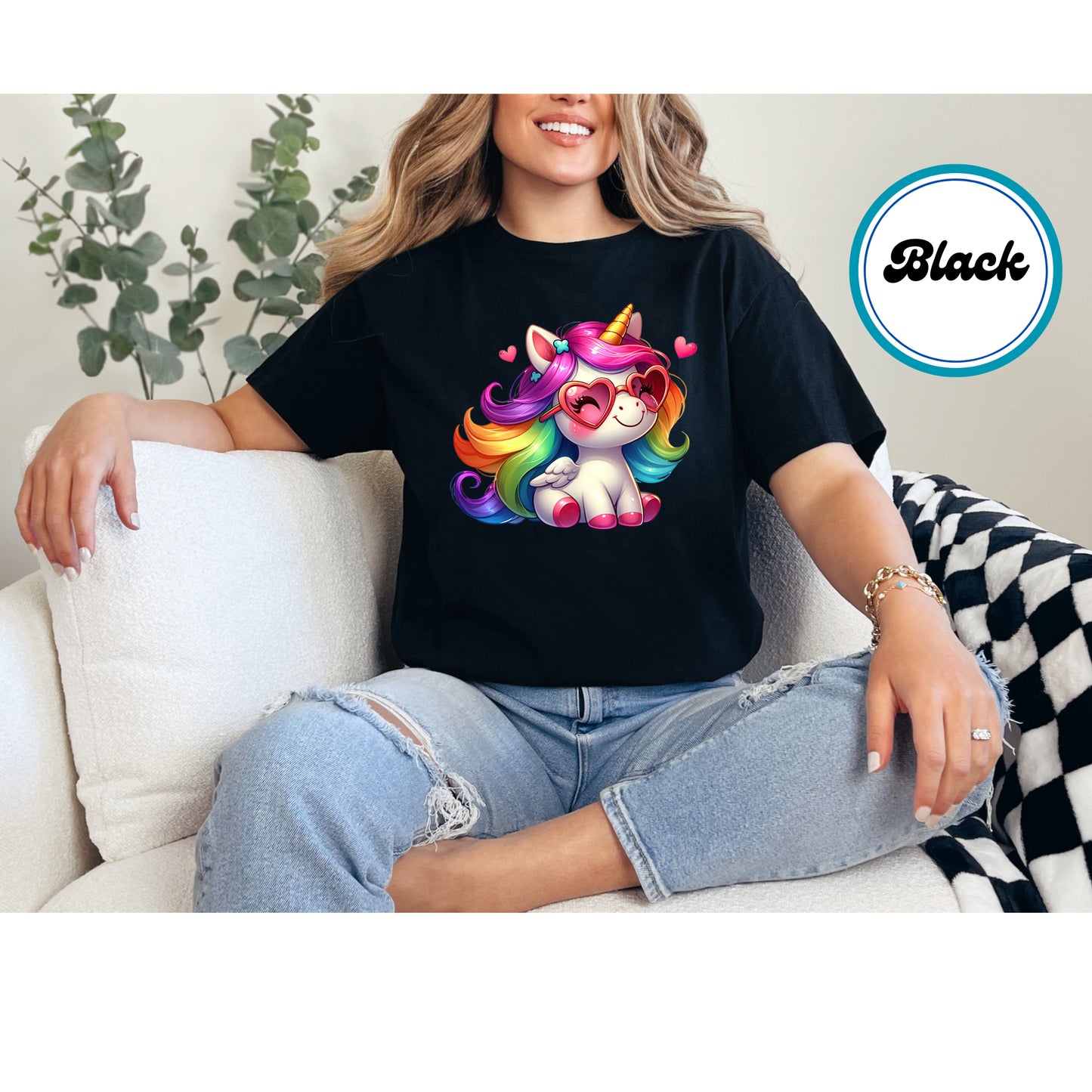 Cute rainbow unicorn with heart sunglasses and floating hearts DTF transfer.