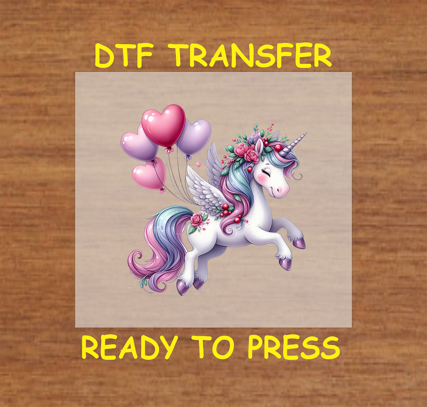 Winged unicorn with floral accents and heart balloons DTF transfer.