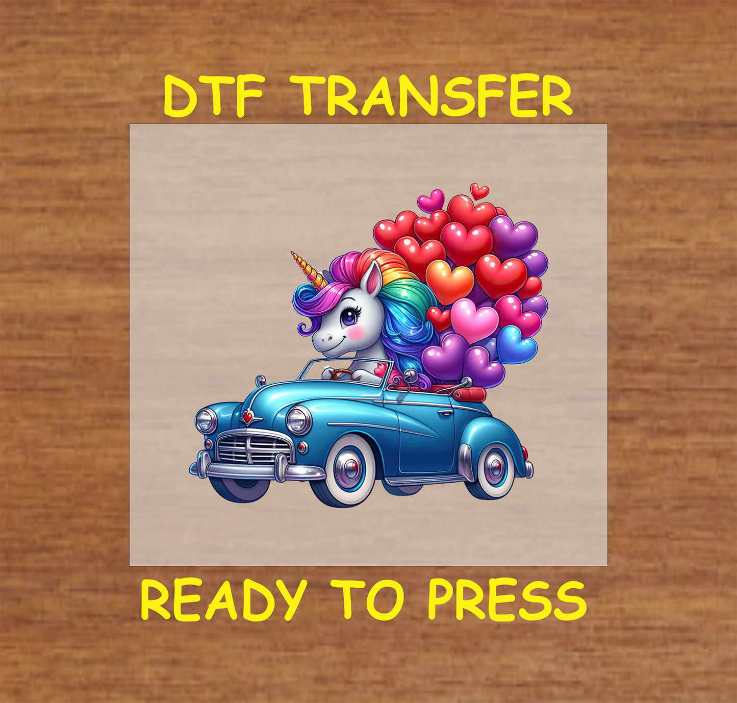 Rainbow unicorn driving a blue vintage car with heart balloons, DTF transfer.