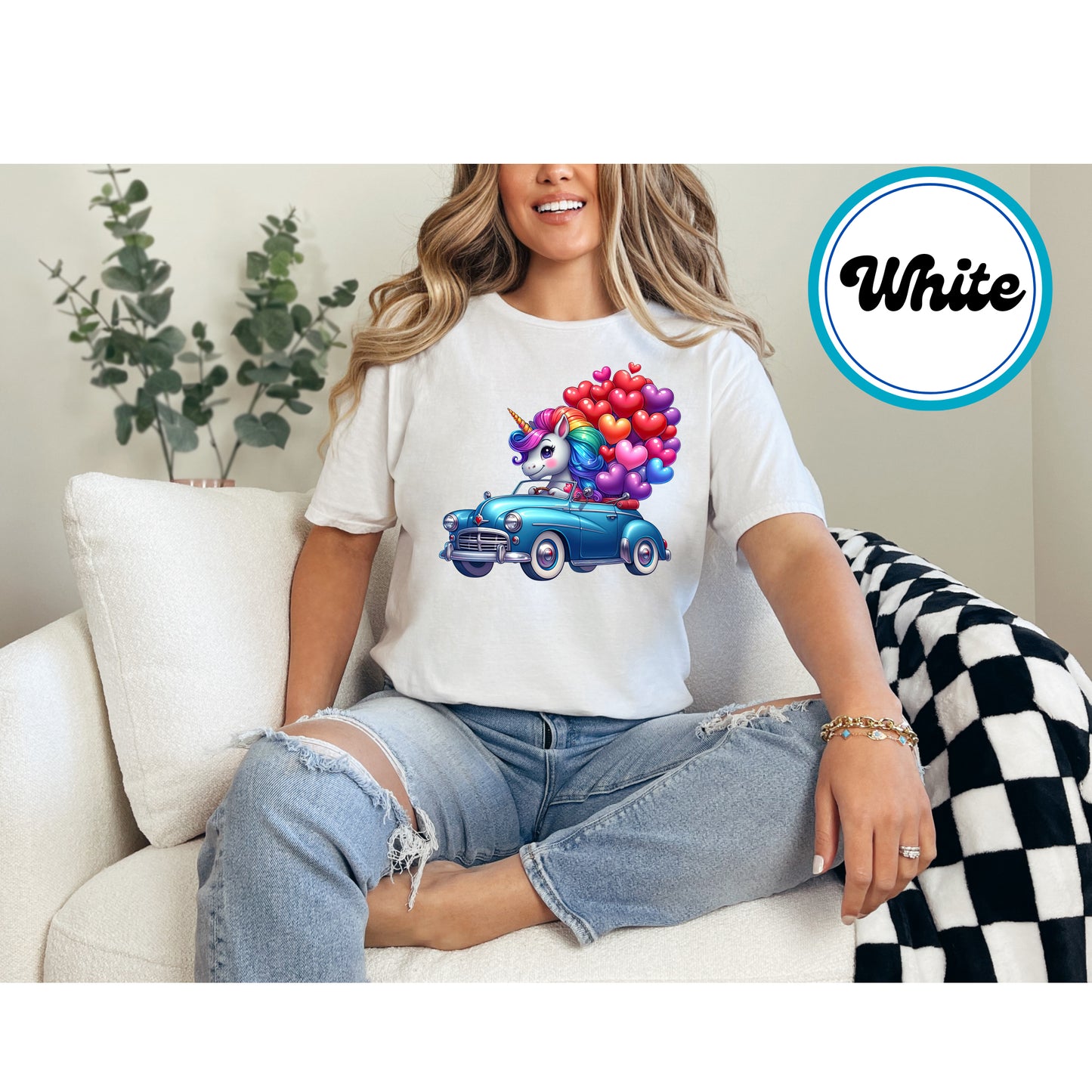 Rainbow unicorn driving a blue vintage car with heart balloons, DTF transfer.