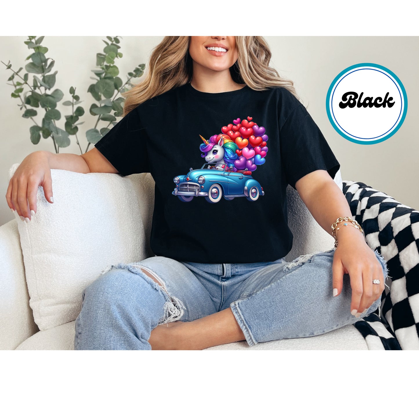 Rainbow unicorn driving a blue vintage car with heart balloons, DTF transfer.
