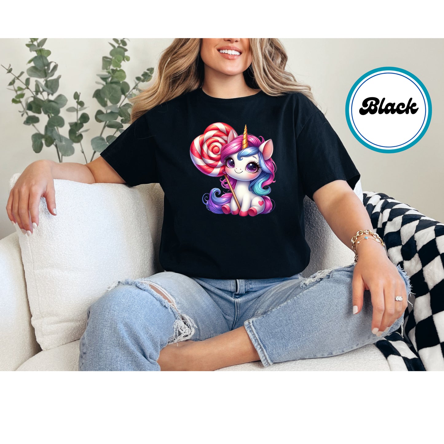 Unicorn holding a red and white lollipop with a Valentine's theme.