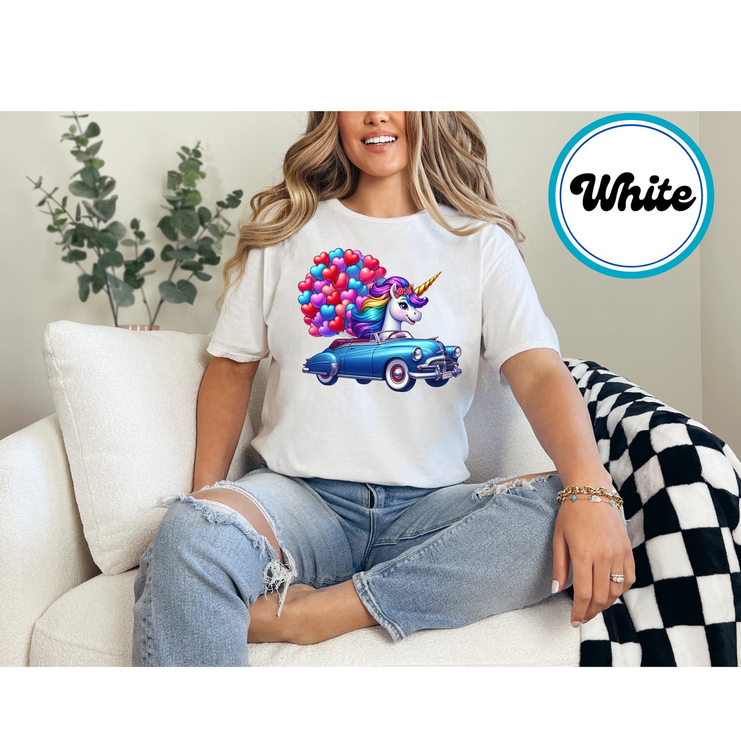 Unicorn driving a classic car with heart balloons, Valentine's theme.