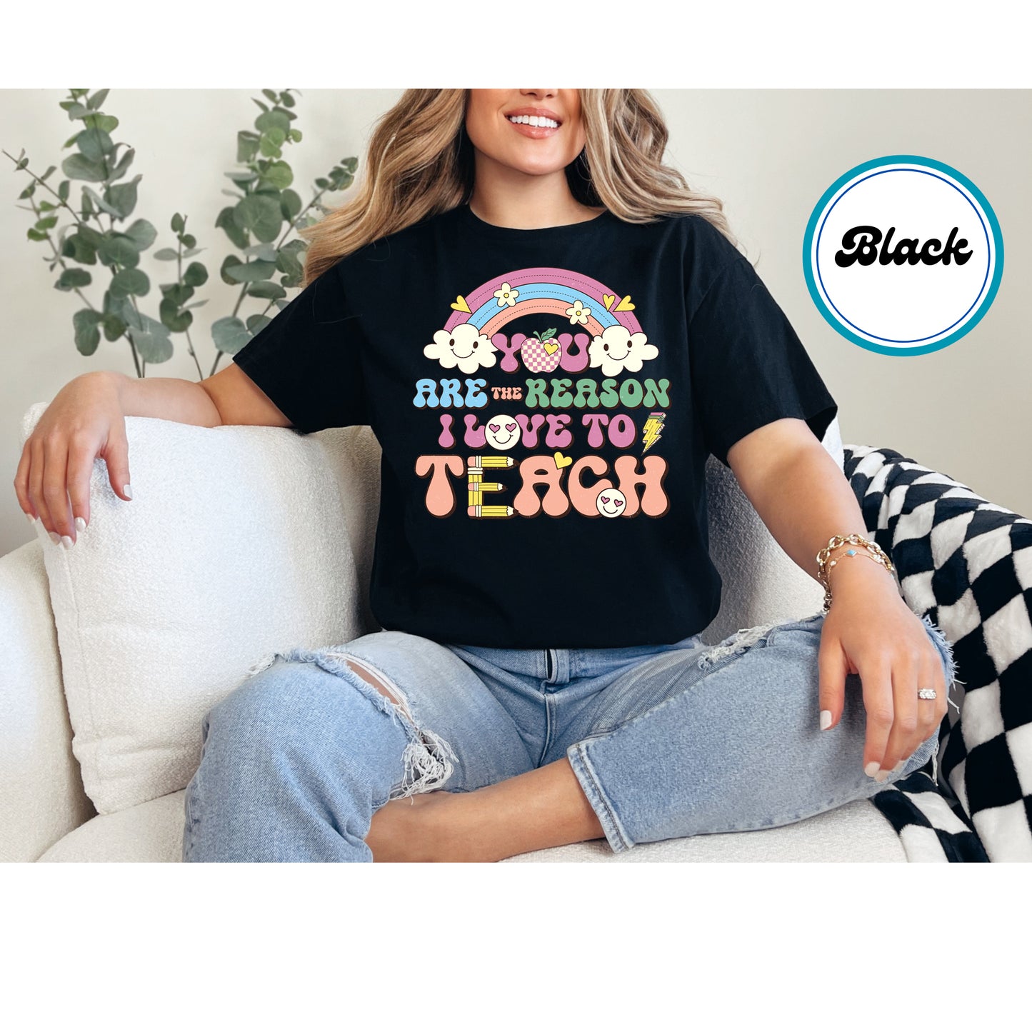 Teacher design with a rainbow, apple, clouds, and "Love to Teach" text.