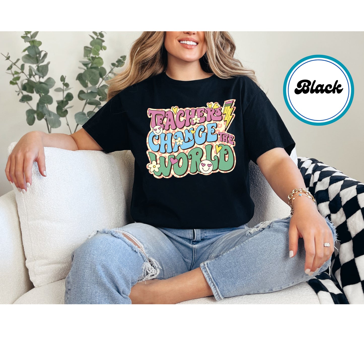 Teachers Change the World design with colorful text, hearts, and flowers.