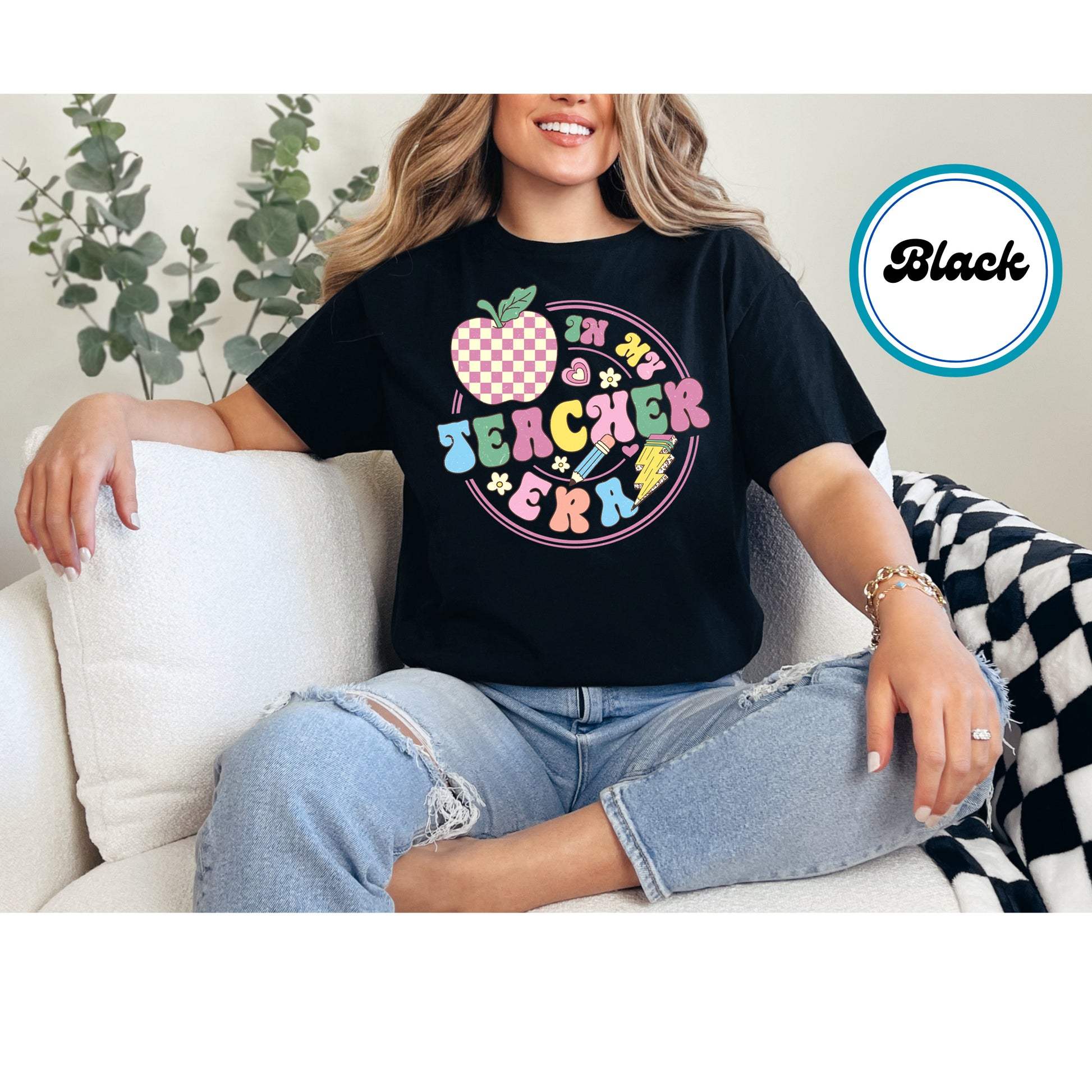 In My Teacher Era design with a checkered apple, pencil, and hearts.