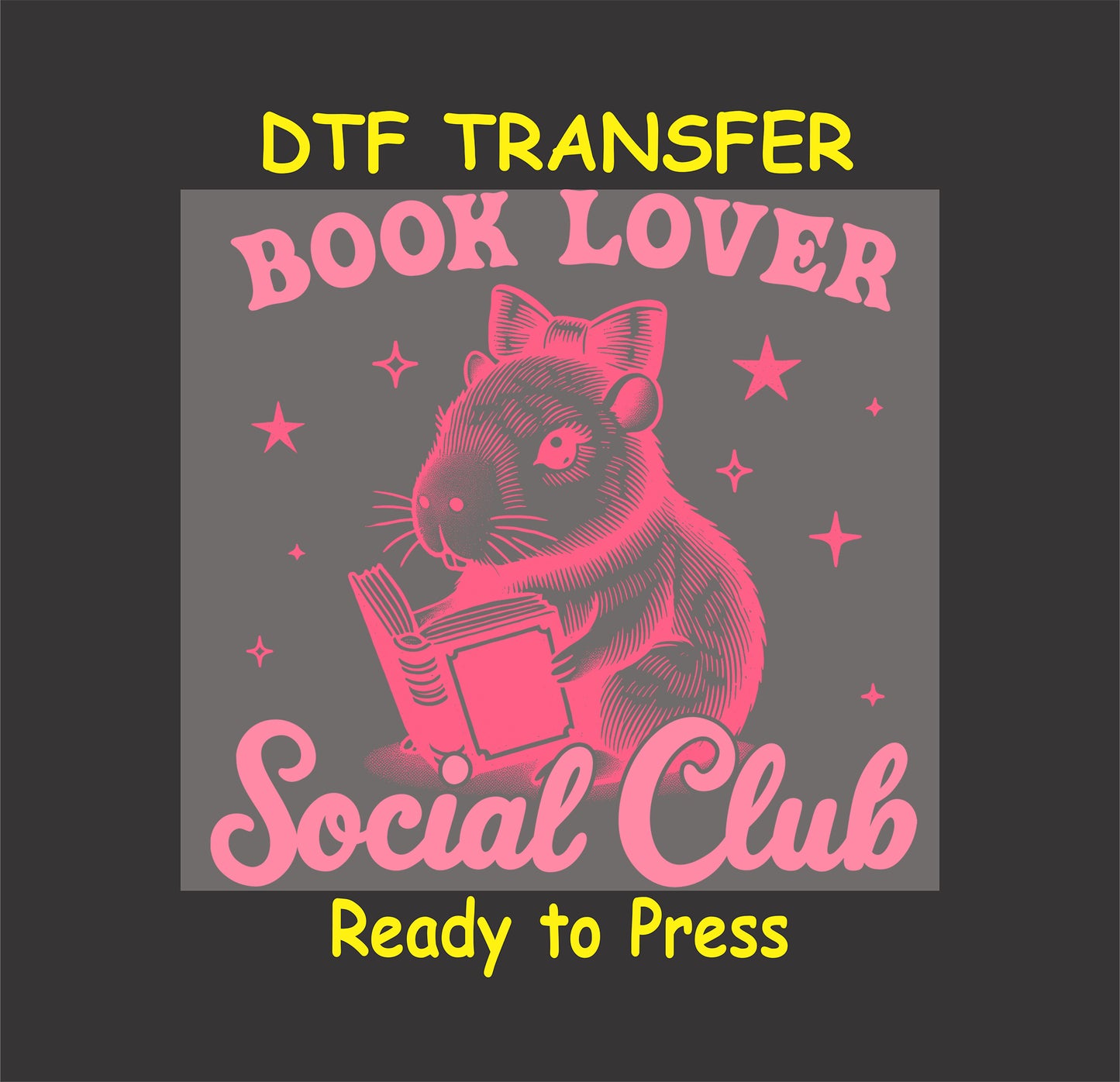 Capybara with a bow reading a book under a starry sky with "Book Lover Social Club" text.