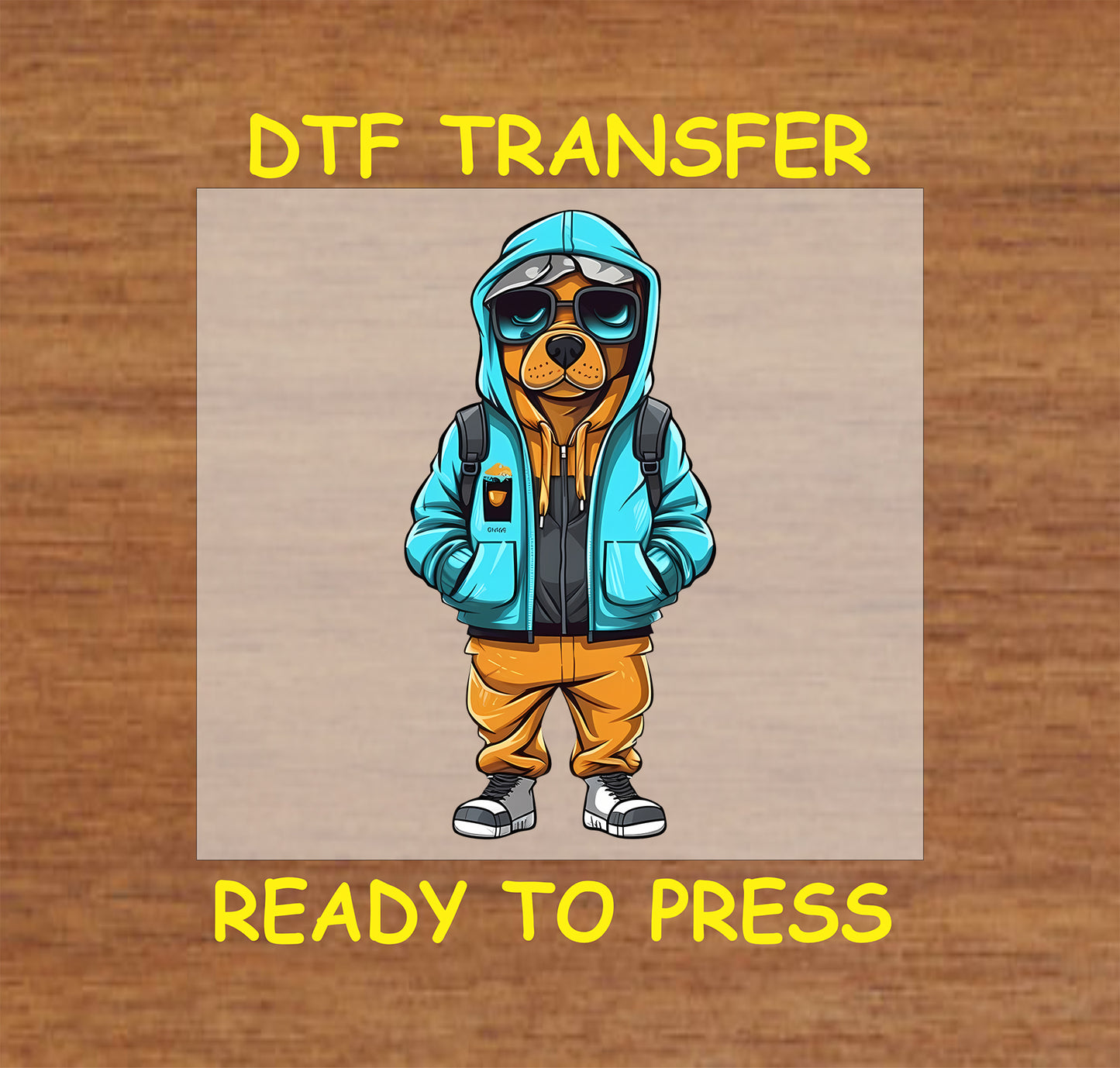 Dog wearing a blue and orange hoodie, sunglasses, and a backpack in a streetwear style.