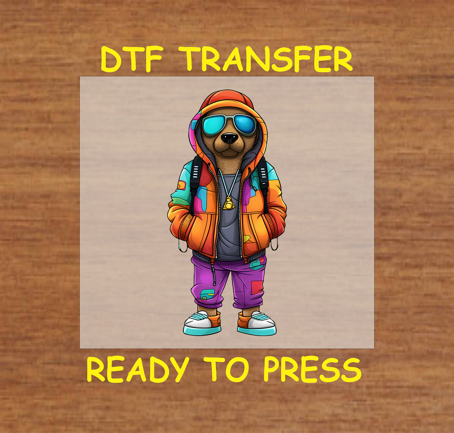 Dog in a multicolor puffer hoodie, sunglasses, and a gold chain in a streetwear style.