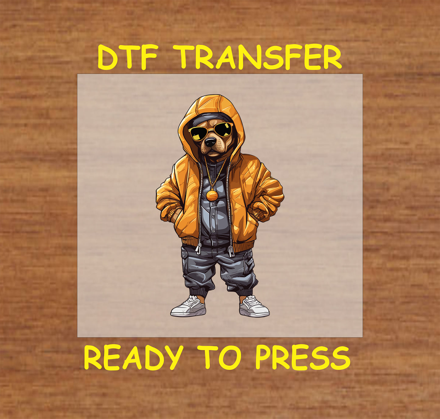 Dog wearing a gold puffer hoodie, sunglasses, and chains in a streetwear style.