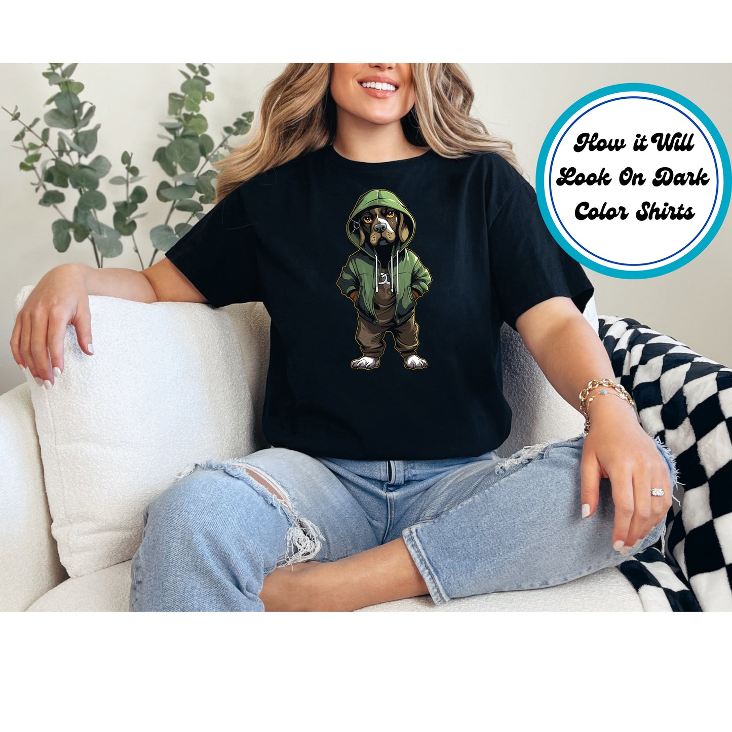 Dog in green hoodie and brown pants with a streetwear pose.